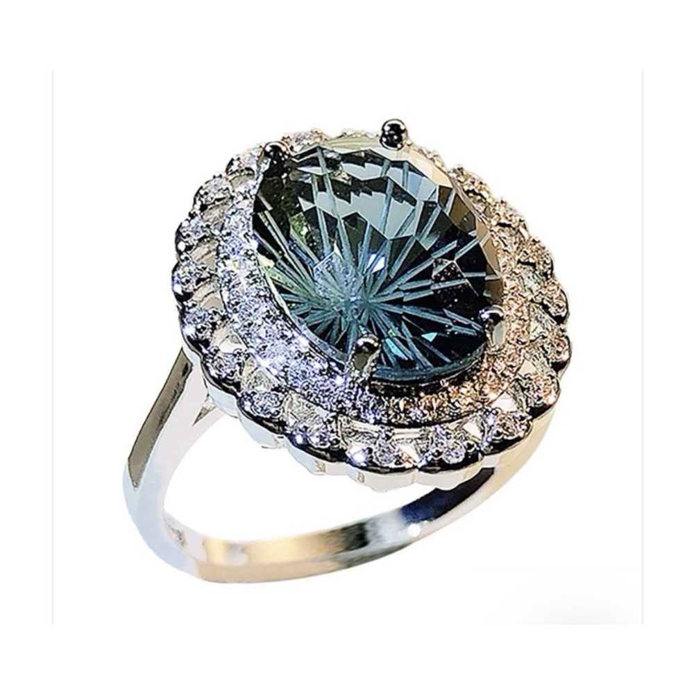 18k White Gold Plated 925 Stamp Statement Ring Faceted Blue AAA CZ Gemstone Sz8